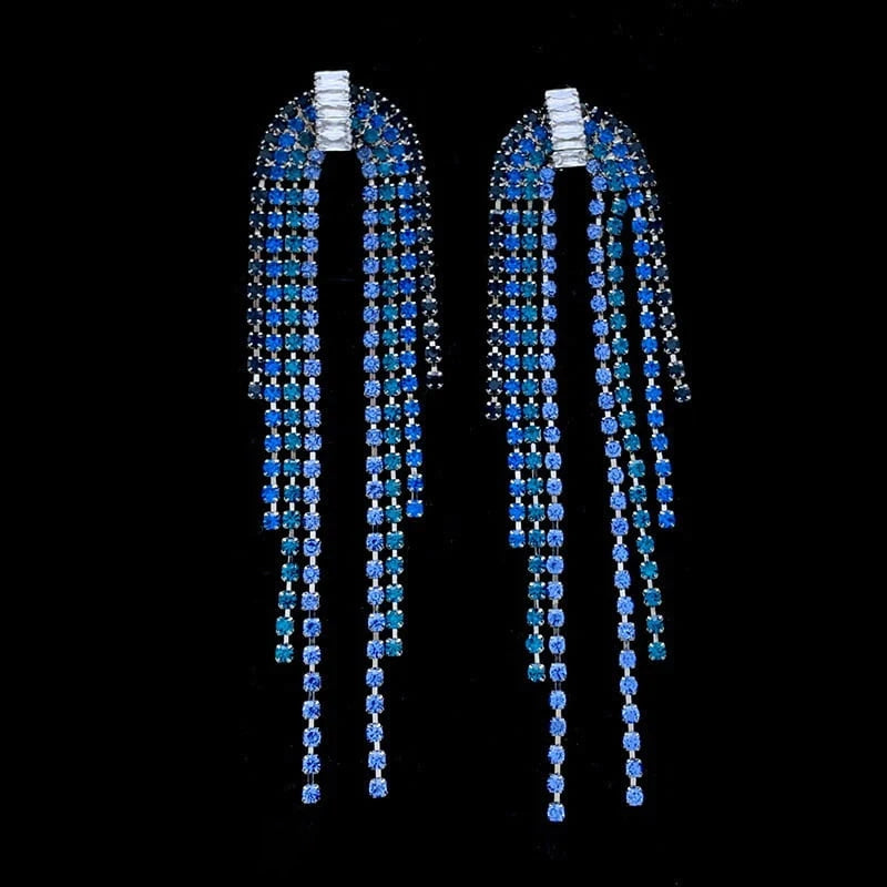 Luxury Blue Tassel Rhinestone Earrings - S925 - Emberil