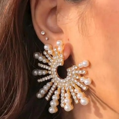 Fireworks Luxury Rhinestone Imitation Pearl Statement Earrings - S925 - Emberil