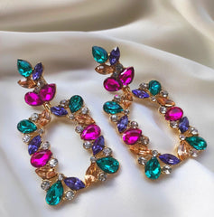 Multi Rectangular Rhinestone Statement Earrings - Emberil