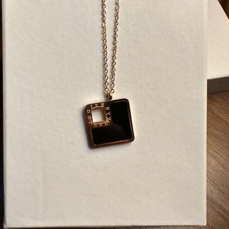 Roman Numeral Square Black Onyx Rose Gold Pendant Necklace - Stainless Steel - Emberil