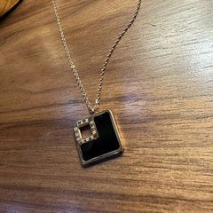 Roman Numeral Square Black Onyx Rose Gold Pendant Necklace - Stainless Steel - Emberil