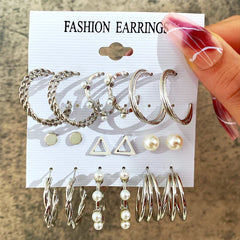 9 Pieces Elegant Pearl Hoops Stud Pack - Silver - Emberil