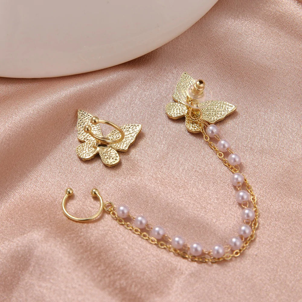 Full Zircon Butterfly Pearl Tassel Ear Clip - S925