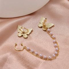 Full Zircon Butterfly Pearl Tassel Ear Clip - S925