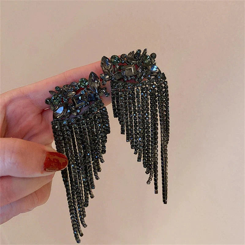 Black Luxury Crystal Drop Tassel Earrings - S925 (Limited Edition) - Emberil