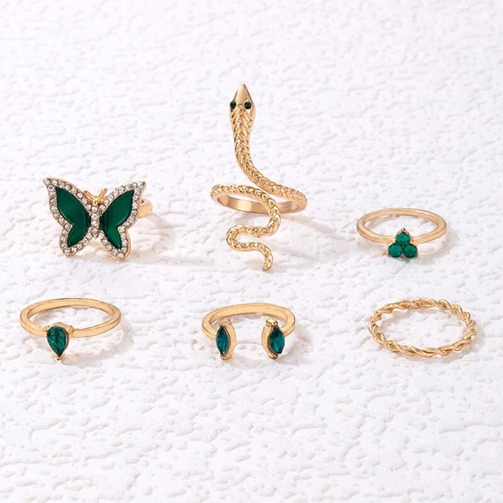 6 Pcs Luxury Green Rhinestone Butterfly Rings Set - Emberil