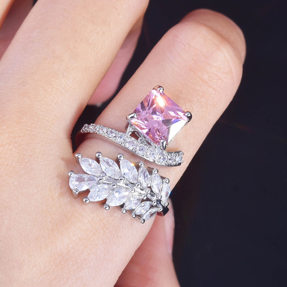 Baby Pink Cubic Zirconia Leaf Ring - Emberil