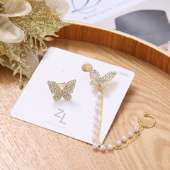 Full Zircon Butterfly Pearl Tassel Ear Clip - S925