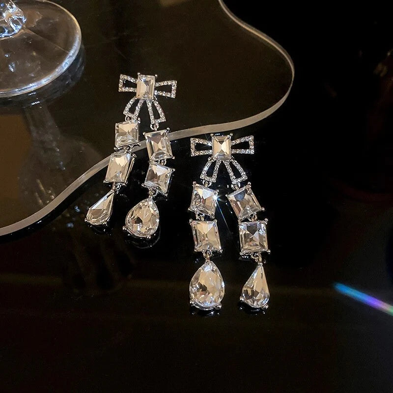 Luxury Bowknot Square Crystal Glass Drop Earrings - Emberil