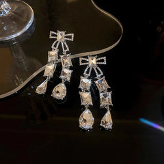 Luxury Bowknot Square Crystal Glass Drop Earrings - Emberil