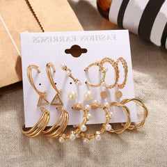 9 Pieces Elegant Pearl Hoops Stud Pack - Golden - Emberil