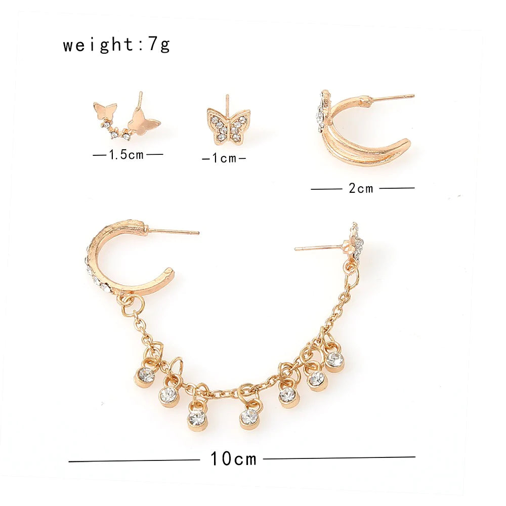 4 Pcs Butterfly Chain Rhinestone Tassel Earrings - Emberil