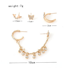 4 Pcs Butterfly Chain Rhinestone Tassel Earrings - Emberil