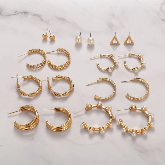 9 Pieces Elegant Pearl Hoops Stud Pack - Golden - Emberil