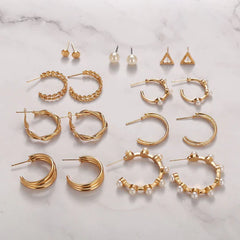 9 Pieces Elegant Pearl Hoops Stud Pack - Golden - Emberil