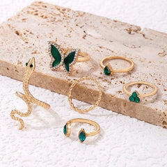 6 Pcs Luxury Green Rhinestone Butterfly Rings Set - Emberil