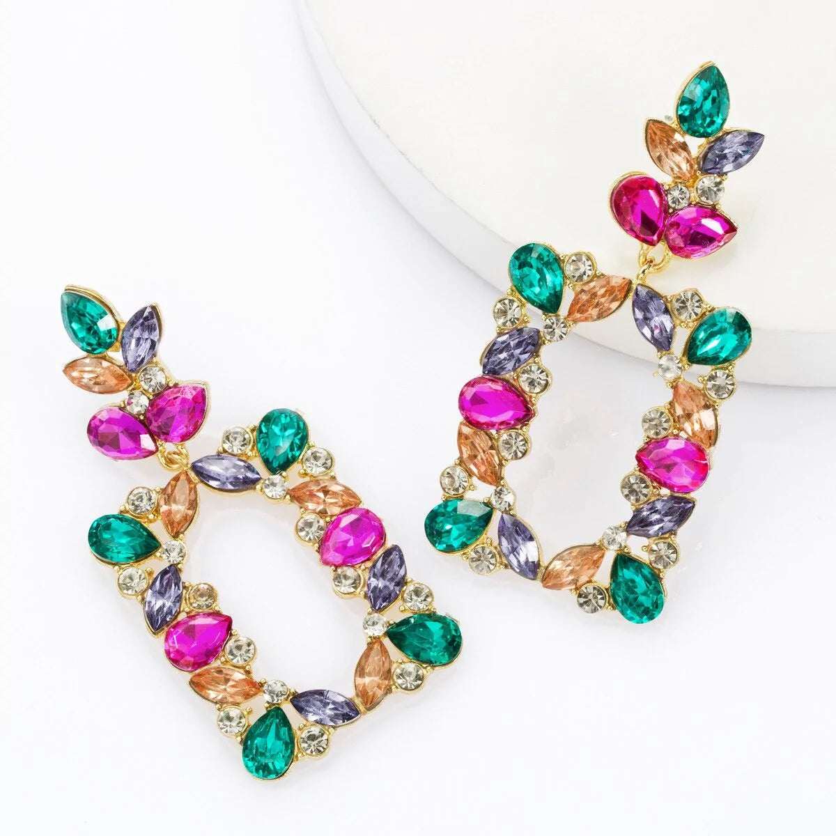 Multi Rectangular Rhinestone Statement Earrings - Emberil