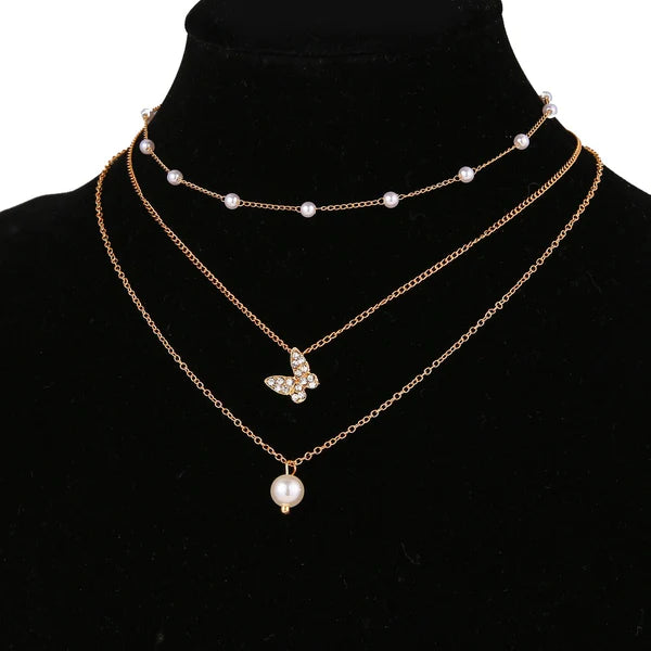 3 Layers Cute Butterfly Pearls Trendy Necklace - Emberil