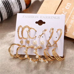 9 Pieces Elegant Pearl Hoops Stud Pack - Golden - Emberil