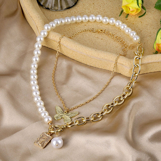 Butterfly Mother Pearl Double Chain Set - Emberil