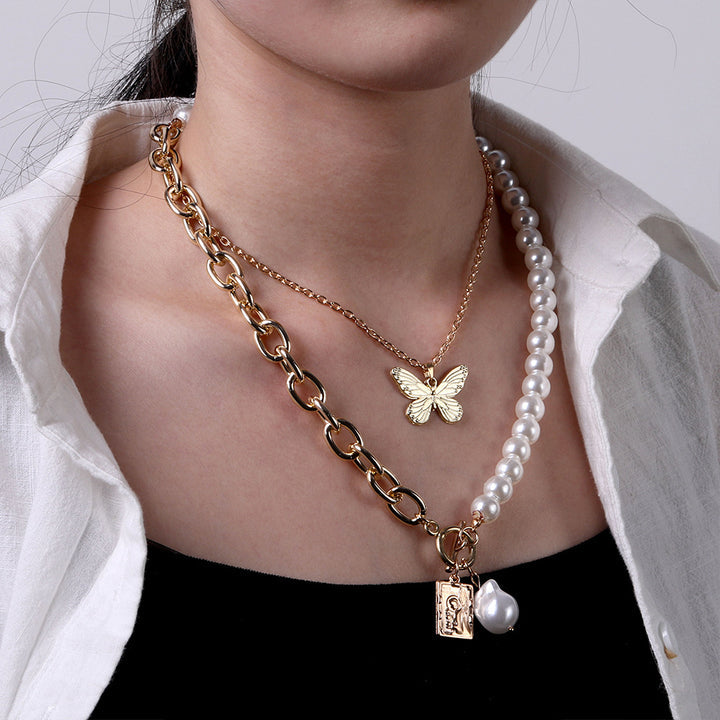 Butterfly Mother Pearl Double Chain Set - Emberil