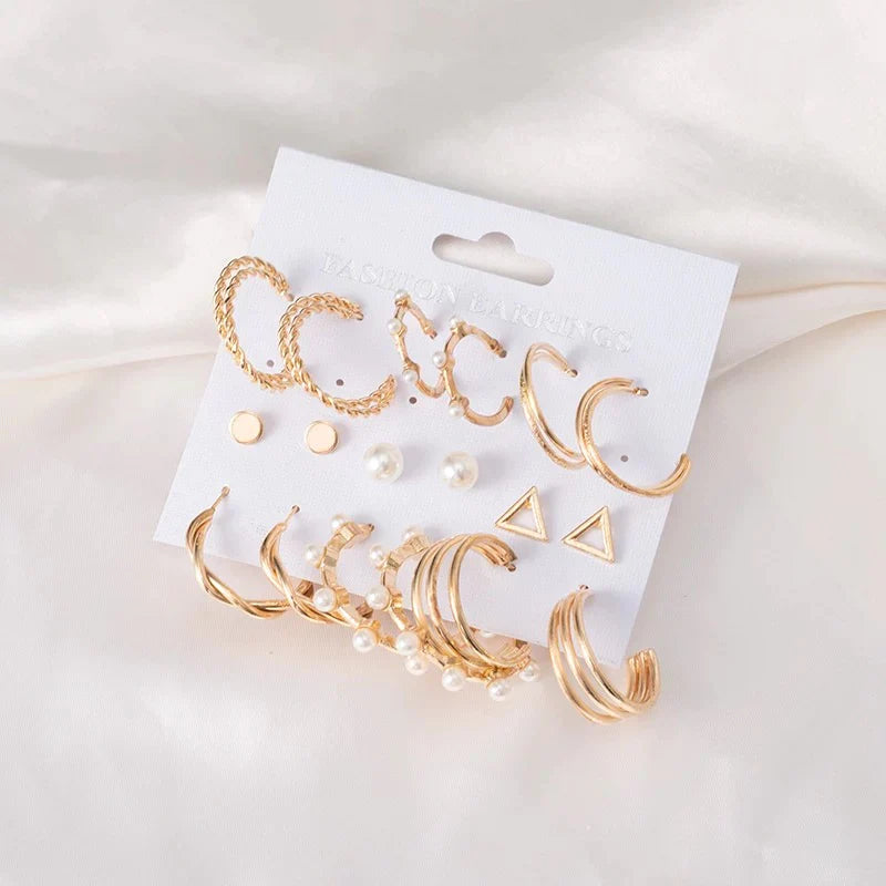 9 Pieces Elegant Pearl Hoops Stud Pack - Golden - Emberil