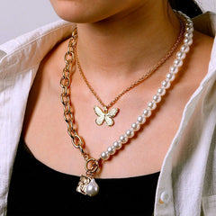 Butterfly Mother Pearl Double Chain Set - Emberil