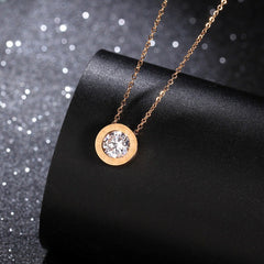 Roman Numeral Round Crystal Gold Pendant Necklace - Stainless Steel - Emberil