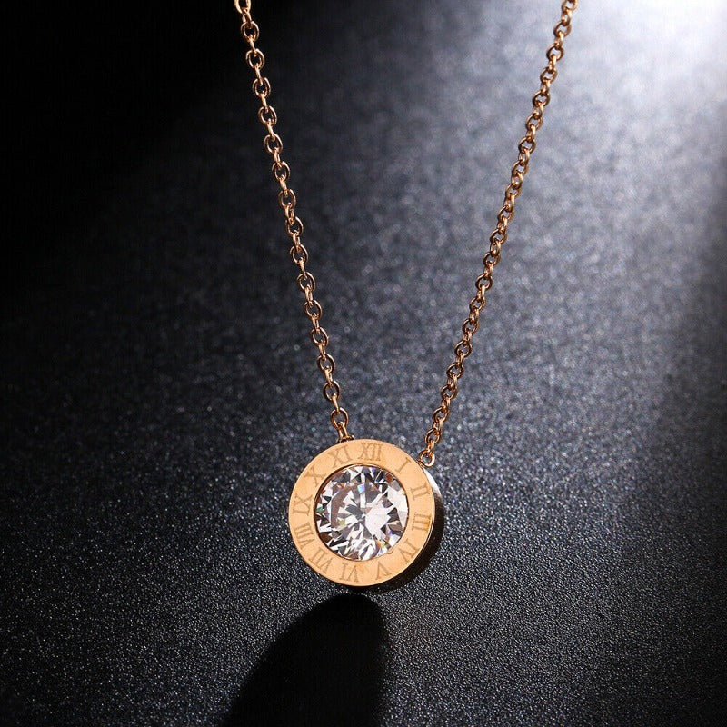 Roman Numeral Round Crystal Gold Pendant Necklace - Stainless Steel - Emberil